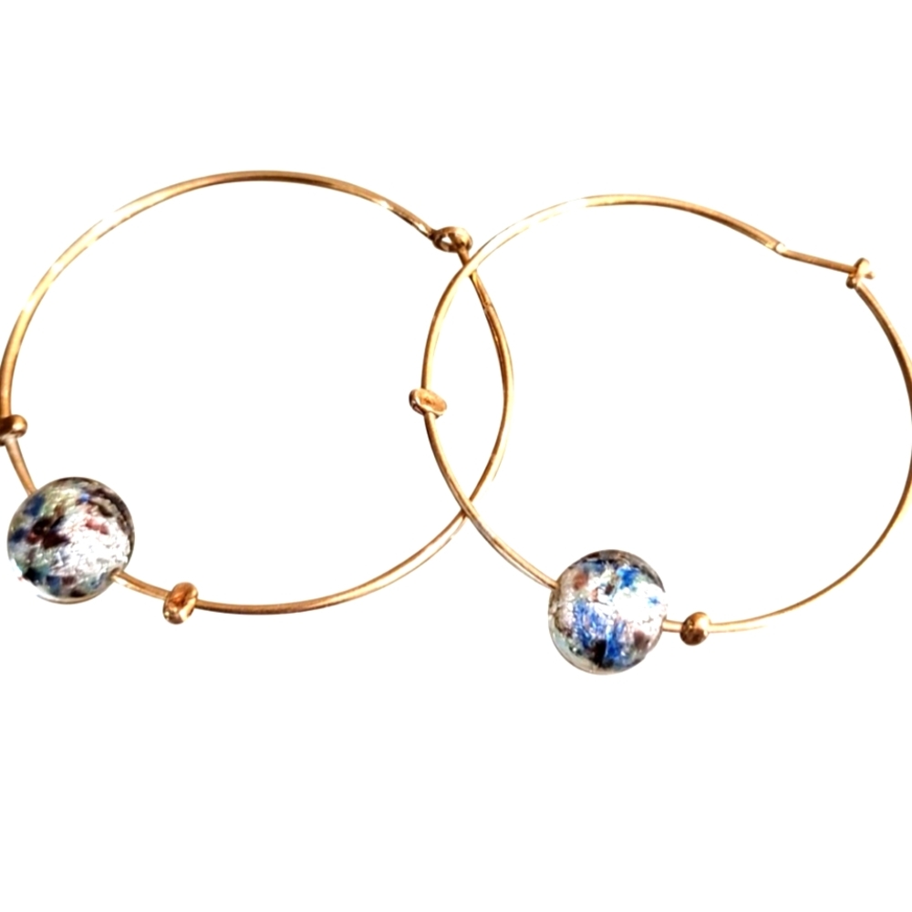 Vrnetian gold-plated, handcrafted Venetian multicolor glass ball hoop earrings.
